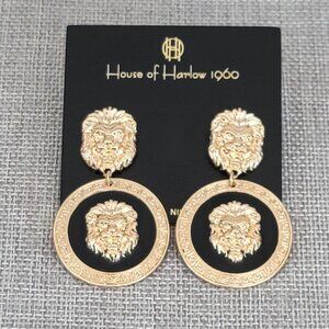 New House of Harlow 1960 Lion Head Black Gold Dangle Earrings Medusa Retro Regal